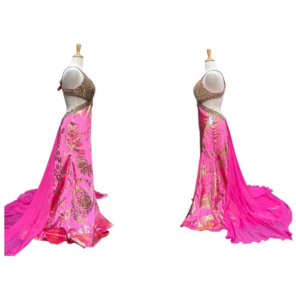 Mac Duggal Cassandra Stone Prom Dress Gown Hot Pink Gold Beaded Metallic Formal - Picture 9 of 16